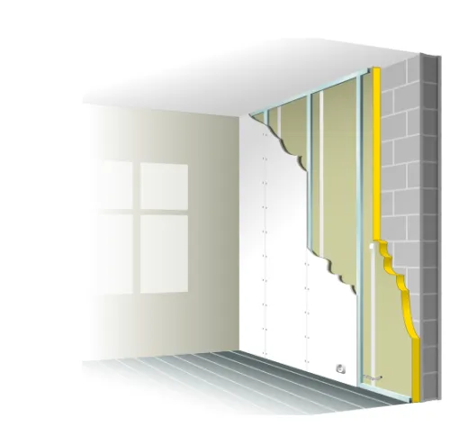 Mur maître en gris clair, isolant ( rouleau de laine de verre ) en jaune, ossature métallique: encadrement en bleu de l'isolant, sur laquelle vont venir se fixer les feuilles de placoplâtre en blanc sur le schéma.